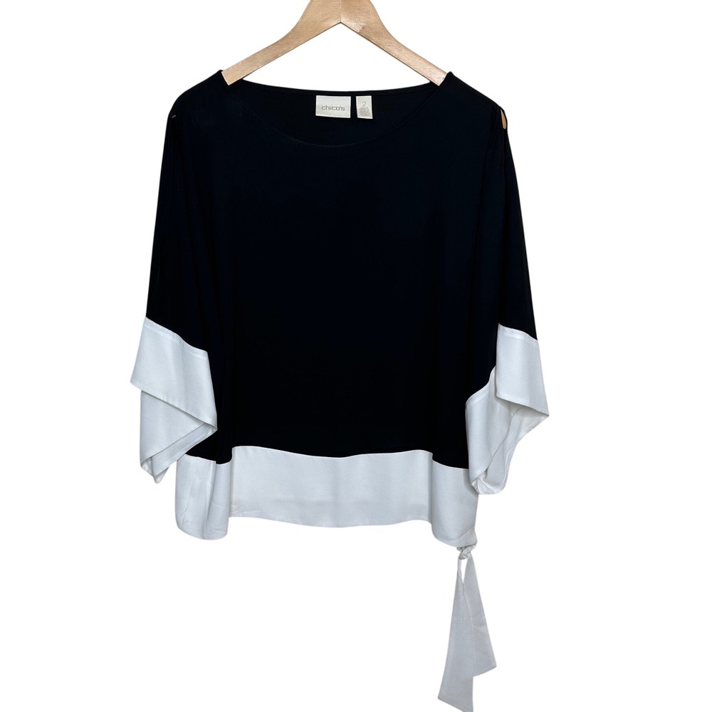Chico's Women's Boatneck Colorblock Side Tie Blouse size 2 (US Large) Black/Whit